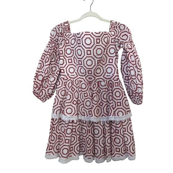 ALEXIS White Red Geometric Embroidered Tiered Square Neck Mini Dress M - Picture 2 of 7